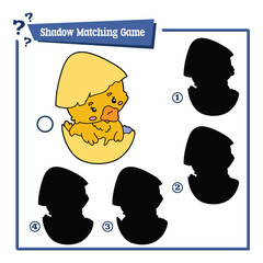 Vector illustration of shadow matching educational game with happy cartoon Easter duck character for children