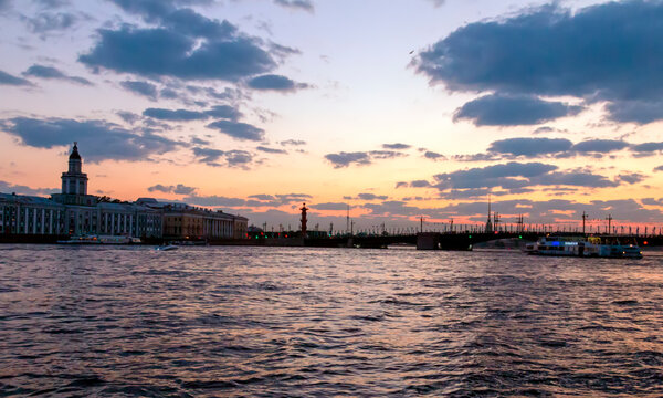 View of over Neva River at White Nights. White nights in the city of St. Petersburg. Russia.