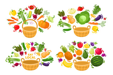 Vector set of healthy organic vegetables and fruits in basket.