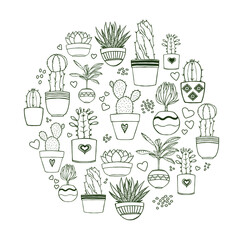 Set of different plants, succulents and cactus. Vector illustration. Summer elements for greeting cards, posters, stickers, seasonal design, coloring book