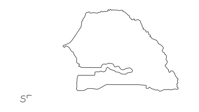 Senegal map animation line. Black line animation letters drawing on a white background.