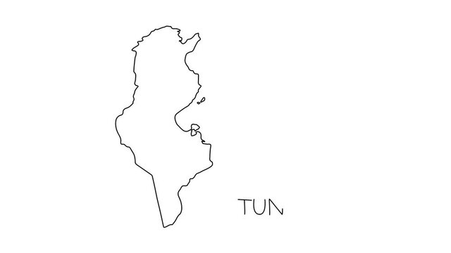 Tunisia map animation line. Black line animation letters drawing on a white background.