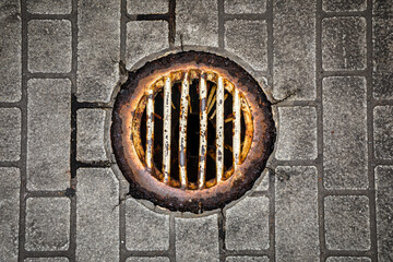 朽ちた排水溝と縦に並ぶタイル模様