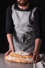 A man baker with a beard in a gray apron stands against a black background and holds, breaks, cuts off delicious, crispy bread, rolls, baguette