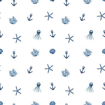 Nautical seamless pattern. Watercolor blue Anchor, Starfish, Coral and Scallop Seashell. Sea life. Ocean underwater animals. Hand drawn maritime baby background for nursery print, kids fabric, textile