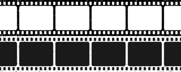 Black and white grunge film strips. Old retro cinema movie strip. Video recording. Vector illustration.