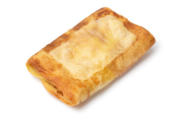 Single traditional Moroccan stuffed pancake, called msmen, isolated on white background  