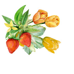 Strawberries and flowers in the garden.Image on a white and colored background. Pattern.