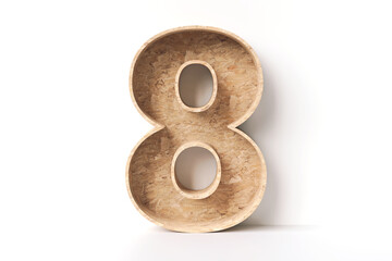 Oriented strand board wood in the shape of number 8. Nice to display eco friendly products or objects. High quality 3D rendering.