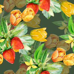 Strawberries and flowers in the garden.Image on a white and colored background.Samless pattern.