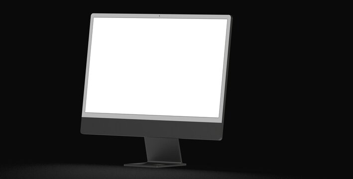 Computer display mock up with blank white screen. Stylish desktop computer mockup. dark
