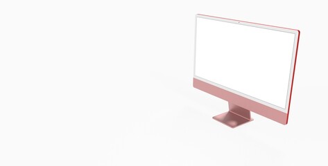 red Computer display mock up with blank white screen. Stylish desktop computer mockup.