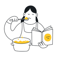 Cooking, preparing healthy dinner, and smiling while testing delicious meals. Cute cartoon woman cooks something in a saucepan according to the recipe. Thin line elegant vector illustration on white.