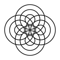 Symbol made of concentric circles. At four different points, three waves spread out concentrically, similar to water waves, and result in a mandala-like pattern. Black and white illustration. Vector.