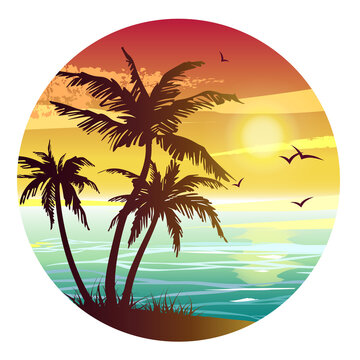 Circle icon with tropical landscape. Paradise island.