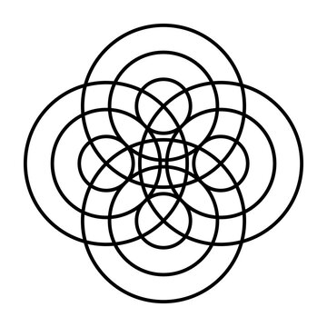 Symbol made of concentric circles. At four different points, three waves spread out concentrically, similar to water waves, and result in a mandala-like pattern. Black and white illustration. Vector.