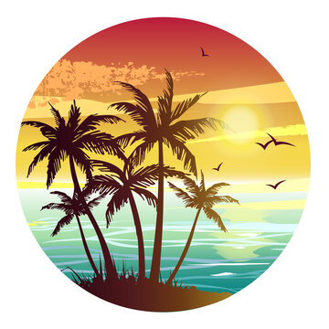 Round icon with tropical landscape. Paradise island.