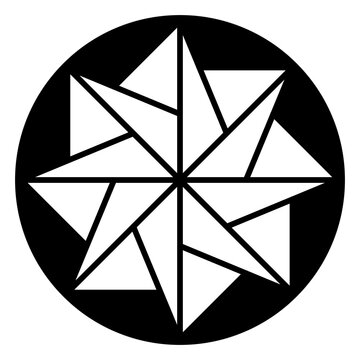 Eight-pointed star in a circle, a pattern, formed by symmetric arranged triangles. A mandala-like symbol, modeled on a crop circle, found in May 2021 in England. Black and white illustration. Vector.