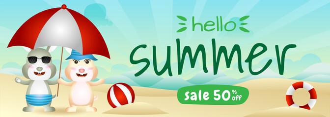 summer sale banner with a cute rabbit couple using umbrella in beach