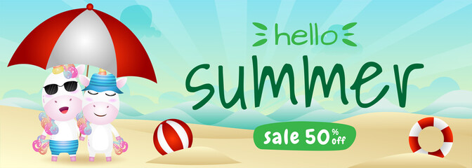 summer sale banner with a cute unicorn couple using umbrella in beach