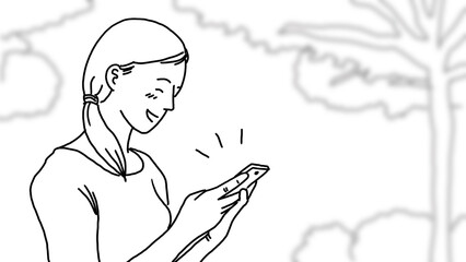 Woman and smartphone. Woman using smartphone. During leisure time. using the phone in everyday life. look at the smartphone and smile. Hand drawing style. illustrations black and white.