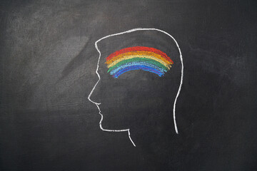 Silhouette of a man's head with a rainbow drawn on a chalk board. Sexual orientation concept.