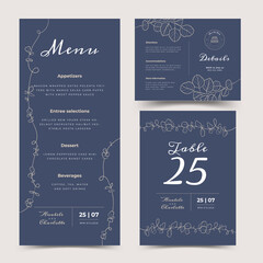 Set of card with line art leaf and brunch. Wedding ornament concept. Floral poster, invite. Vector decorative greeting card, invitation design background