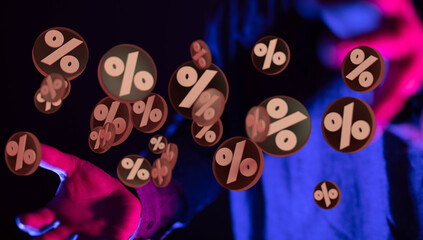 Red cubes percent falling on a white background. 3d rendering. Illustration for advertising.