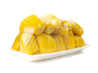 Fresh ripe jackfruit or sweet yellow jackfruit ripe, Kerala Jackfruit (Artocarpus heterophyllus) isolated on white background. Tropical Thai fruit.