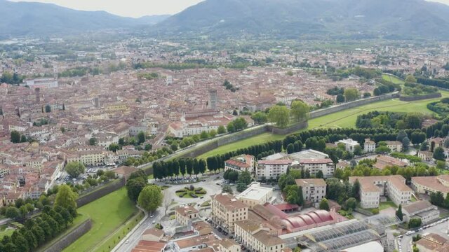 Aerial helicopter view Lucca Tuscany Italy