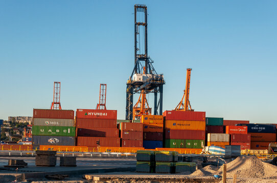 Gdynia, Poland &ndash; August 18, 2015: Containers and cranes in Gdynia harbour in Poland