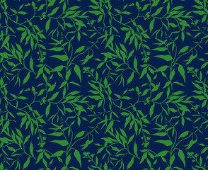 Seamless floral pattern. Tropical background of green leaves. Leaf on navy blue background. Bright silhouette of leaves in tropical style. Stock vector for printing on surfaces and web design. 