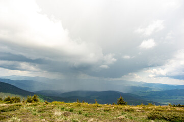 Rain and thunderstorm in the Carpathian mountains in Ukraine