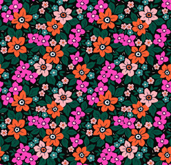 Seamless floral pattern. Ditsy background of small colorful flowers and green leaves. Small-scale flowers scattered over a black background. Stock vector for printing on surfaces and web design.