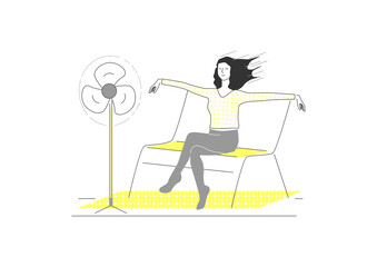 Beat the summer heat concept. Woman sitting in front of a fan. Limited colours flat vector.