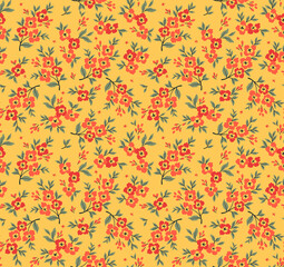 Floral pattern. Pretty flowers on yellow background. Printing with small red flowers. Ditsies print. Seamless vector texture. Spring bouquet.