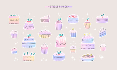 Sticker pack of different cute cakes, cupcakes, muffins and pies. Colorful food illustration set. Vector, cartoon style. All elements are isolated with white outline.