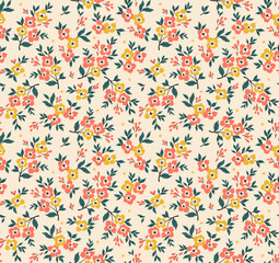 Fototapeta na wymiar Cute floral pattern in the small flower. Seamless vector texture. Elegant template for fashion prints. Printing with small yellow flowers. Ecru background. Stock vector for prints on surface.