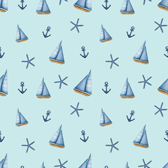 Watercolor Sailboat seamless pattern. Sailing Ship, anchor and starfish. Nautical Vessel, Yacht with blue sail. Sea Travel. Hand drawn maritime baby background for nursery print, kids fabric, textile