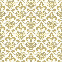 Floral pattern. Wallpaper baroque, damask. Seamless vector background. Gold and white ornament Graphic modern pattern.