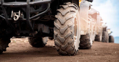 Banner motocross background, ATV wheels quad bike on desert offroad dust