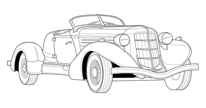 Vector classic car illustration coloring book page for adult drawing. Paper, outlines vehicle. Graphic element. Wheel. Black contour sketch illustrate Isolated on white background.