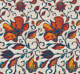 Paisley watercolor floral pattern tile:  flowers, flores, tulips, leaves. Oriental indian traditional hand painted water color whimsical seamless print, ceramic design. Abstract india batik background