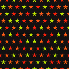 Citrus stars ornament. Vector repeated stars in red, orange and yellow colors. Seamless stars wallpaper.