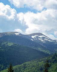 Panorama of the Carpathian mountains at the beginning of summer in Ukraine, rest and travel in the mountains