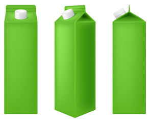 Blank green carton box for juice in three projections isolated on white background. Photo-realistic vector illustration.