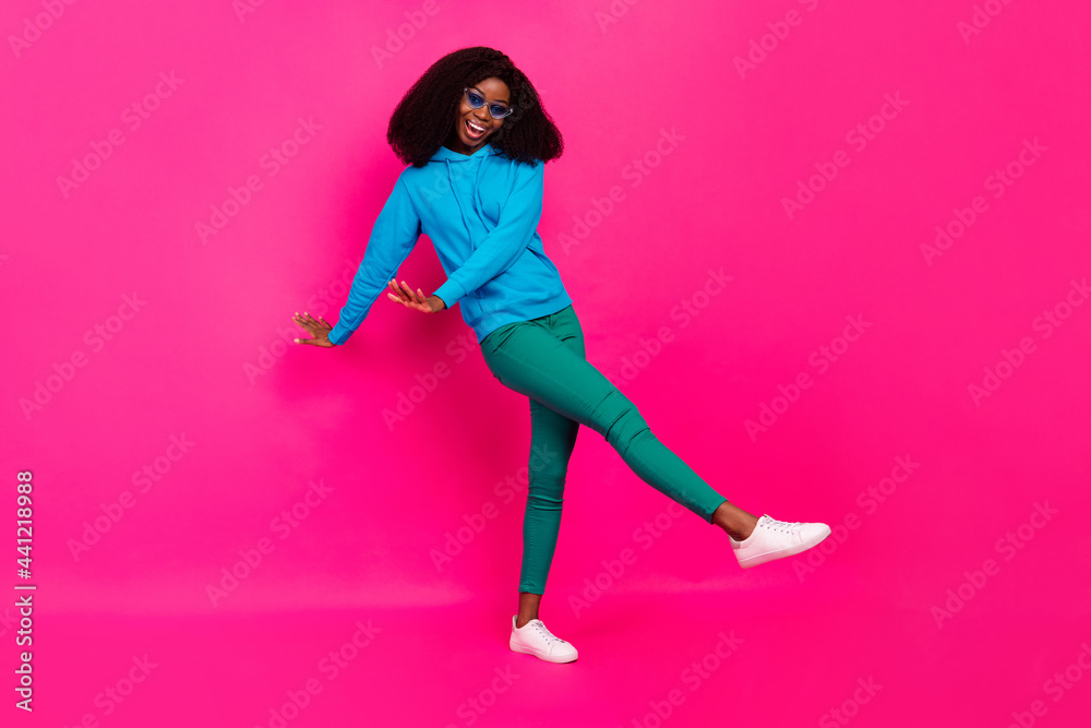 Sticker Full length photo of afro american young lady dance wear cool sunglass isolated on pink color background