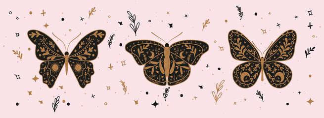 Vector set of linear Boho Butterflies, stars, moon, and sun - folk art design elements for decoration or logo design templates in modern minimalist style. © Yanzar