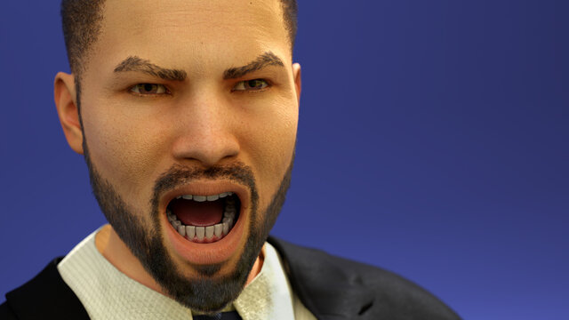 angry businessman portrait guy suit and tie 3D illustration on blue studio background