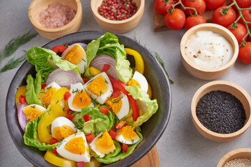 Diet menu. Healthy salad of fresh vegetables - tomatoes, egg, Onion. high angle view of a nutritious vegetable salad with boiled egg slices, served.  Healthy meal concept.